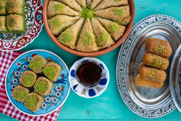 Turkish Tea (Turk Cayi) in the Traditional Turkish Sherbet Desserts (Baklava, Tulumba, Havuç...