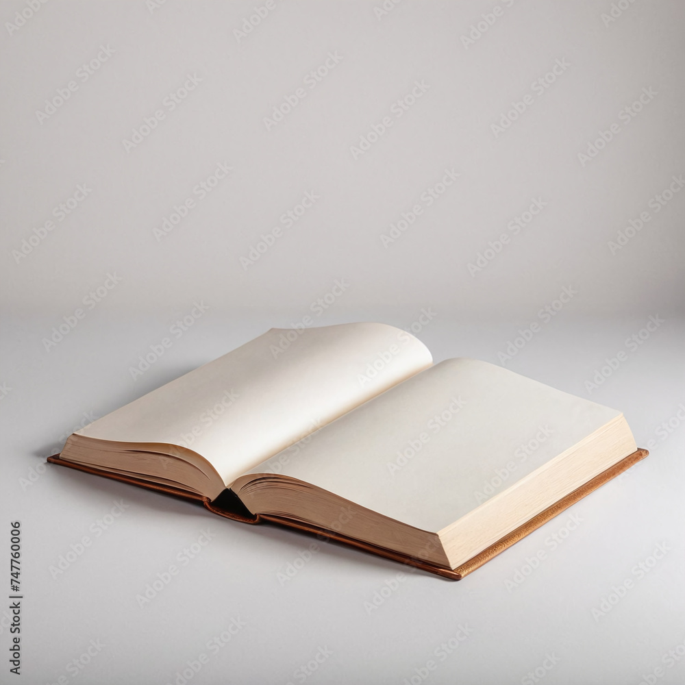 Poster a blank open book lies on a neutral background, inviting creativity and possibilities within its emp