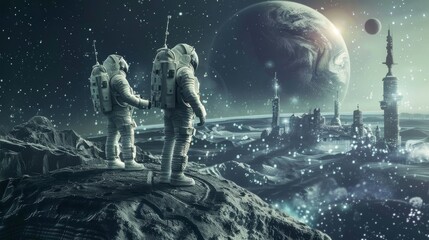 Two astronauts stand on the lunar surface, observing Earth in the vast expanse of space, with a futuristic moon base in the background. - obrazy, fototapety, plakaty