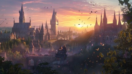 A majestic castle stands amidst a captivating sunset, its spires bathed in the warm light, creating a surreal and magical atmosphere.
