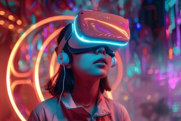 Teenage girl with VR headset exploring the metaverse