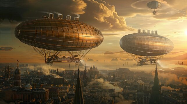 Fantastical steampunk airships float above a Victorian cityscape enveloped in the warm glow of a sunrise.