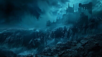 A gothic castle perched atop a craggy mountain is enveloped in a tempest, with turbulent clouds swirling above this dark, fantastical fortress. - obrazy, fototapety, plakaty