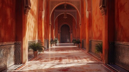 Enchanting passage with terracotta walls and detailed mosaics evoking the rich history and architecture of ancient times.