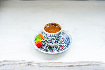 Turkish Coffee (Turk Kahvesi) and Colorful Turkish Delights Photo, Uskudar Istanbul, Turkiye (Turkey)