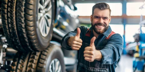 Fotobehang smiling mechanic showing thumbs up with car tire in the car repair shop Cheerful mechanic giving thumbs up with car tire in auto repair shop environment  © muntaha