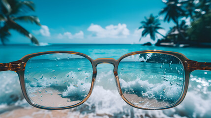 A Glasses in Front Of Beach, Beach Background, Generative Ai