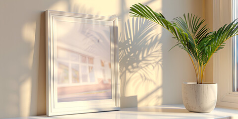 blank picture frame mockup in a room with plants and wooden floor Blank photo frame prominently displayed on a light beige wall. Soft natural lighting, minimalist décor, dried plants Blank brown poste