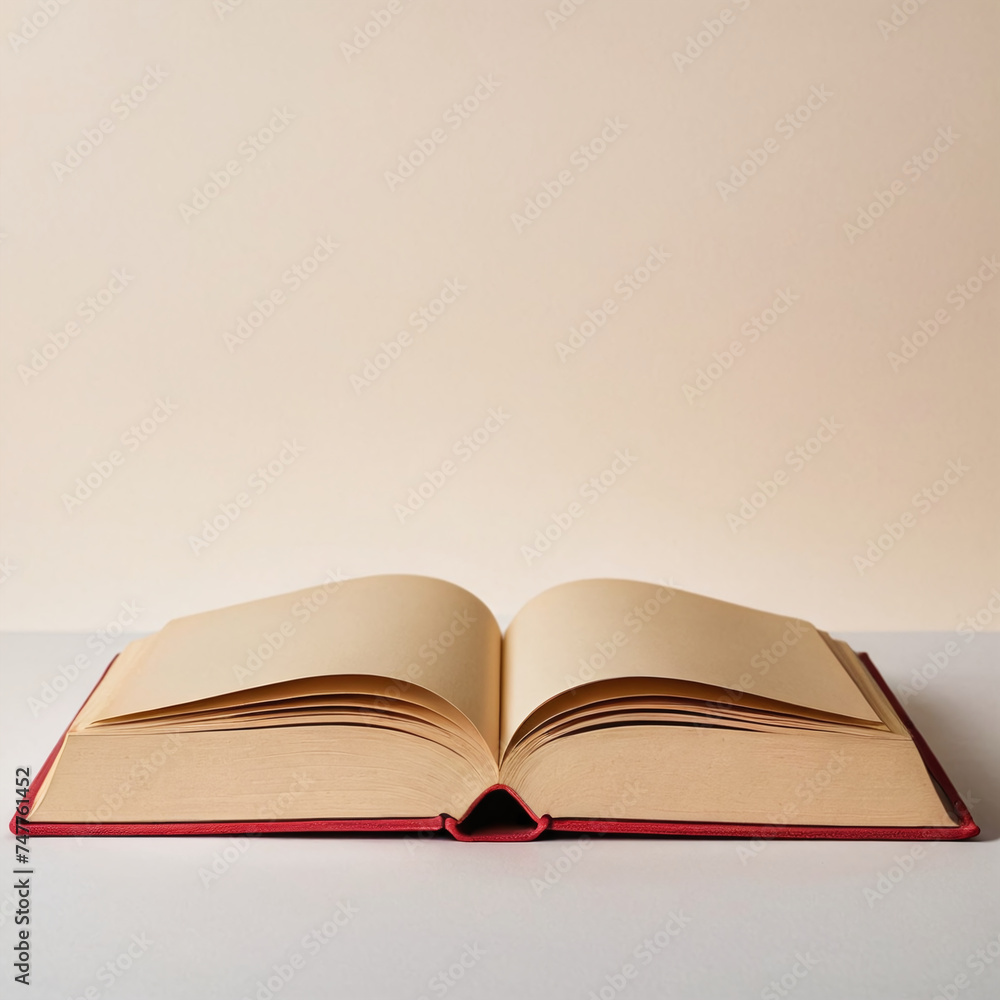 Poster an open book with a red cover rests on a plain surface against a neutral background, symbolizing kno