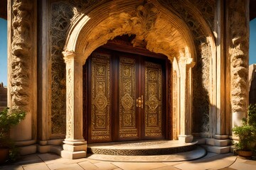 Luxurious, arched wooden doors featuring elaborate, handcrafted detailing, standing as an entrance to a grand manor with cascading vines nearby