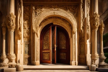 Obraz premium Luxurious, arched wooden doors featuring elaborate, handcrafted detailing, standing as an entrance to a grand manor with cascading vines nearby