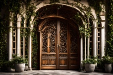 Luxurious, arched wooden doors featuring elaborate, handcrafted detailing, standing as an entrance to a grand manor with cascading vines nearby