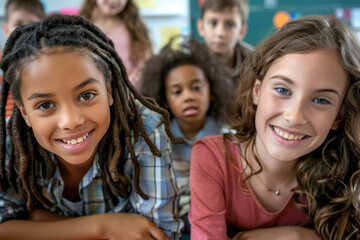 Portrait of happy school kids with their teacher in classroom