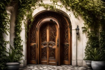 Fototapeta na wymiar Luxurious, arched wooden doors featuring elaborate, handcrafted detailing, standing as an entrance to a grand manor with cascading vines nearby