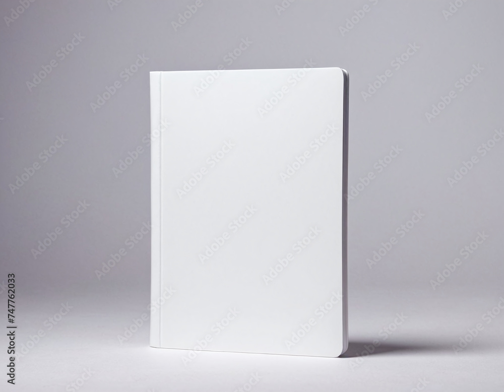 Poster minimalistic image of a blank white notebook standing upright against a soft gray background.