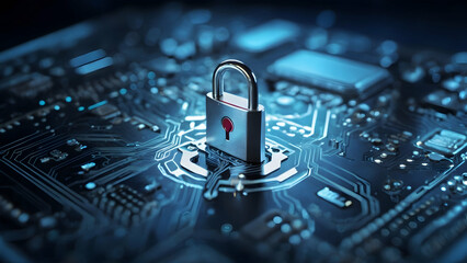 secure connection or cybersecurity service concept of compute motherboard closeup and safety lock with login and connecting verified credentials,isolated on blur background.  - obrazy, fototapety, plakaty