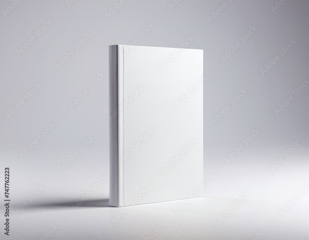 Poster minimalist photo of a blank white book standing on a soft gray background, emphasizing simplicity an