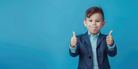 portrait of little businessman entrepreneur showing thumbs up on blue background, advertising promotion banner, copy space