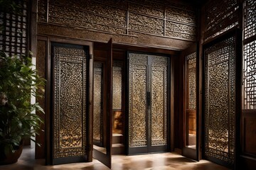 Luxurious, arched wooden doors featuring elaborate, handcrafted detailing, standing as an entrance to a grand manor with cascading vines nearby - obrazy, fototapety, plakaty