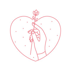 love heart hand hold flower line logo design