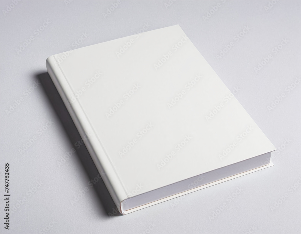Poster minimalist photo of a closed white blank book on a gray surface, showcasing simplicity and elegance 