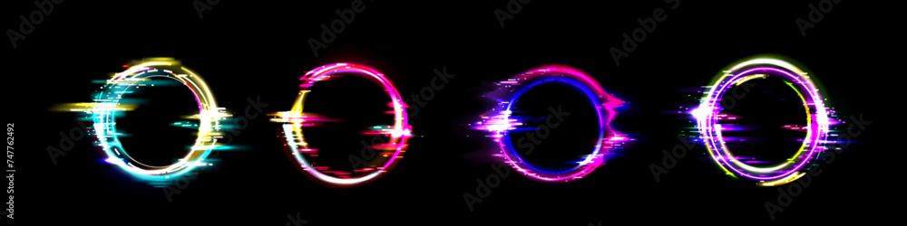 Aufkleber neon circle frame with glitch effect. realistic vector illustration set of retro futuristic ring des