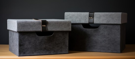 A couple of handcrafted gray felt boxes with slotted handles are positioned on top of a wooden table. The simple yet elegant design of the boxes adds a touch of organization to the space.