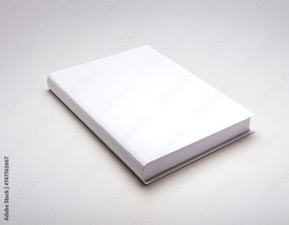 Poster minimalistic image of a closed book with a plain white cover resting on a light gray surface, emphas