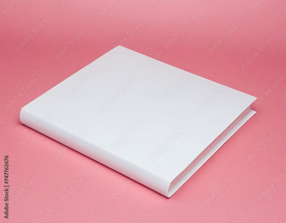 Poster a blank white book with a hardcover laying on a soft pink background, creating a simple and minimali