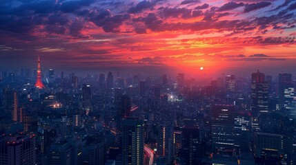 Fototapeta premium Urban Twilight, A Symphony of Lights and Colors in Metropolis Skies