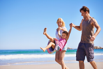 Family, child and bonding by swinging on beach, love and trust or having fun on summer holiday. Happy parents, daughter and playing game on tropical vacation, outdoors and smile on mockup space
