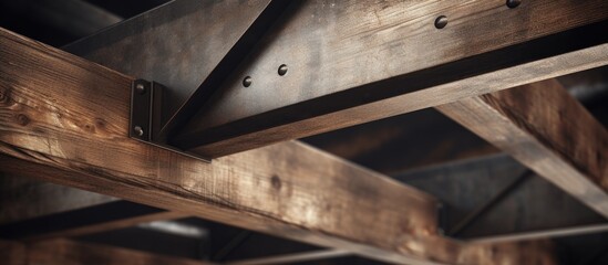 A detailed view of a wooden structure with visible rivets holding together two beams. The metal connectors add strength and durability to the wooden framework, creating a sturdy construction.