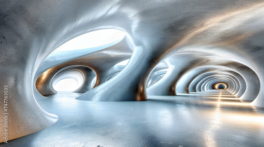 Poster white and blue abstract design in modern architecture, futuristic interior with curved shapes and em