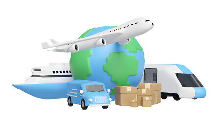 Worldwide shipping concept with  globe, airplane, van, boat, goods box isolated. 3d render illustration
