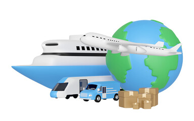 Worldwide shipping concept with  globe, airplane, van, boat, goods box isolated. 3d render illustration