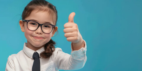 portrait of little businesswoman entrepreneur showing thumbs up on blue background, advertising promotion banner, copy space