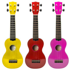 Obraz premium Assorted colors Ukulele isolated on white background, Red Ukulele on White Background PNG File.