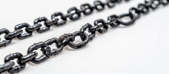 Obraz premium A detailed view of a steel black chain displayed on a plain white background. The chains links are prominently featured, highlighting its texture and industrial nature.