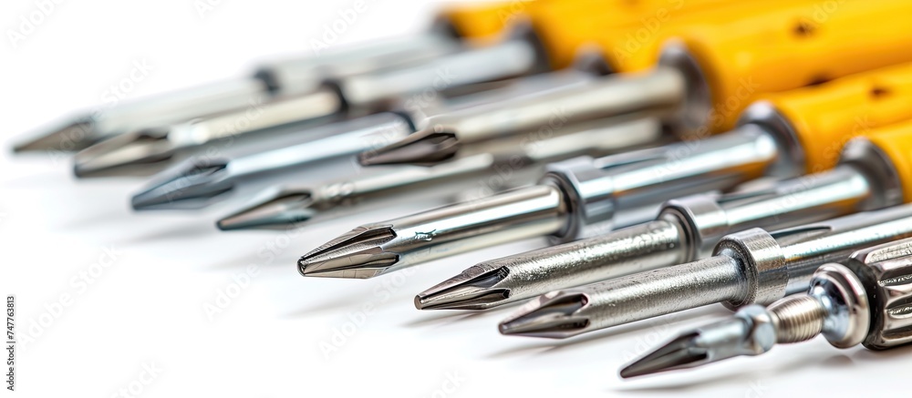 Poster a straight line of various screws, each with different sizes and shapes, is neatly arranged on a pla