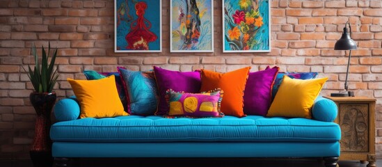 A blue couch is adorned with vibrant and colorful pillows in a stylish living room setting. The pillows add a pop of color to the rooms decor, creating a cozy and inviting atmosphere.