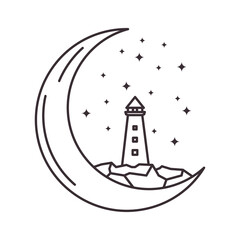 line art crescent lighthouse logo vector