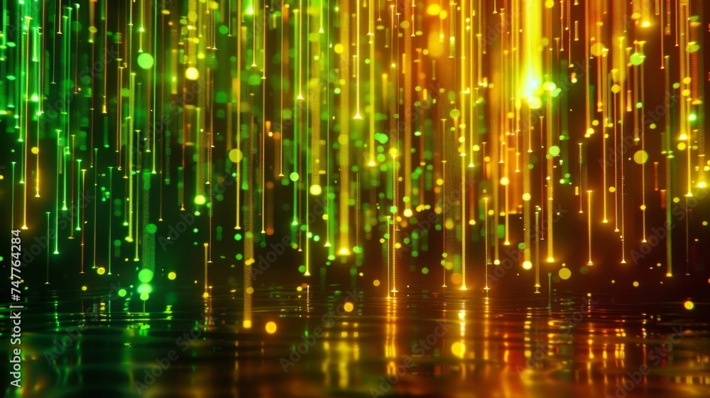 Poster bright green and yellow background with numerous lights shining, creating a colorful and dynamic atm
