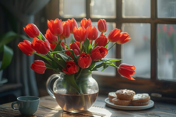 A bouquet of red tulips in a vase on the table. Spring concept.