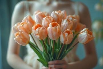 A bouquet of peach tulips in female hands