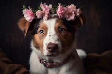 Portrait of a cute puppy with a wreath of pink flowers on his head