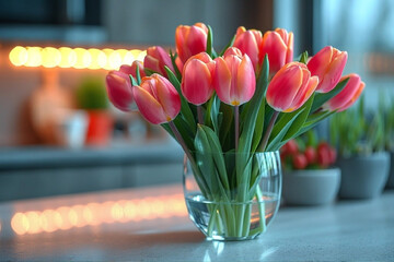 A bouquet of pink tulips in a vase on the table. Spring concept.
