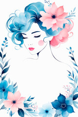 Beautiful silhouette of a woman with an floral hairstyle in sky blue, and peach fuzz colors.