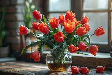 Bouquet of red tulips in a vase on the table. Spring concept.