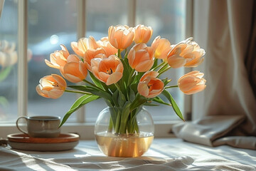 A bouquet of peach tulips in a vase, near the window.
