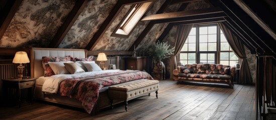 A well-worn attic-style bedroom featuring a wooden floor and wallpapered walls. In this living space, a comfortable bed and a cozy couch are the main focal points,
